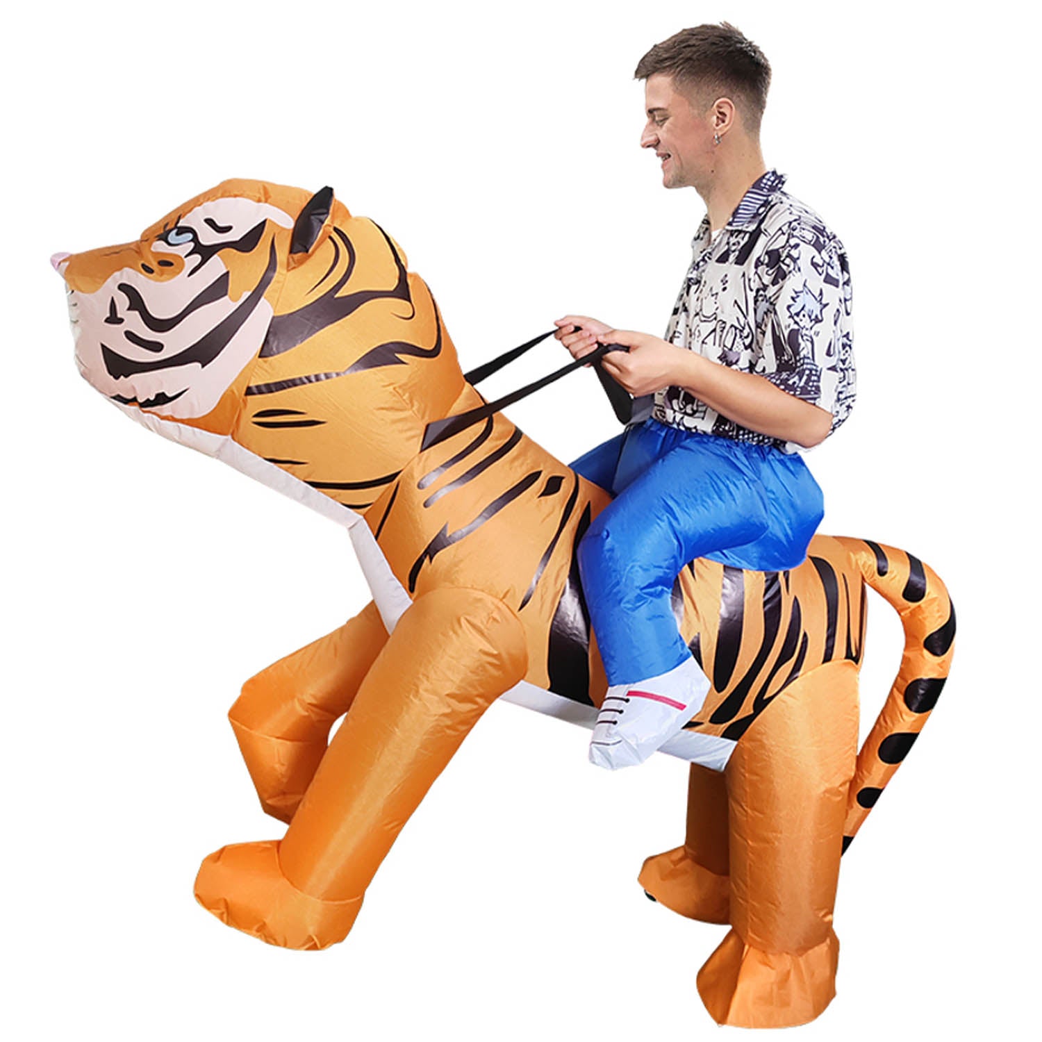 a side view a person wearing an inflatable tiger rider costume