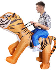 a side view a person wearing an inflatable tiger rider costume