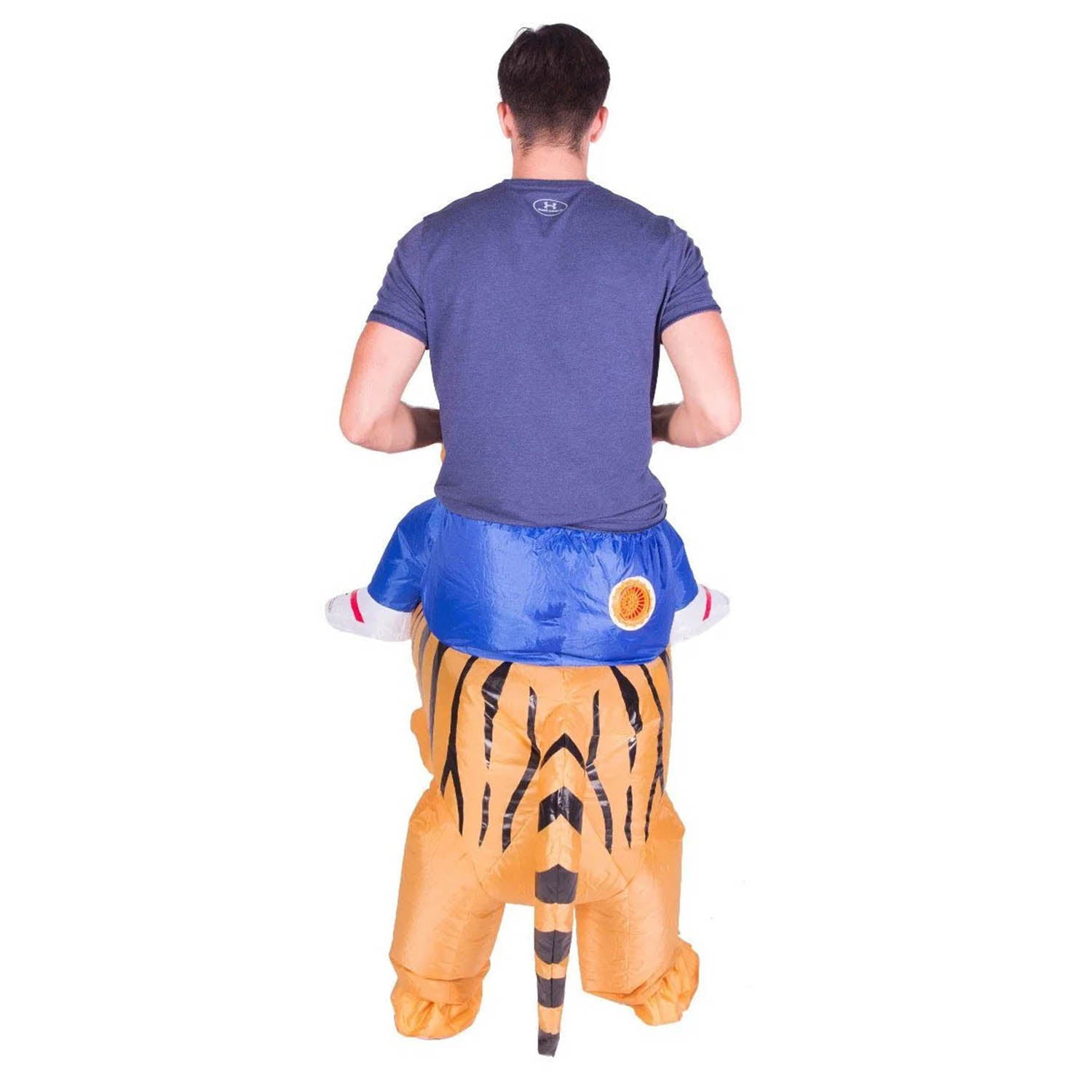a back view a person wearing an inflatable tiger rider costume