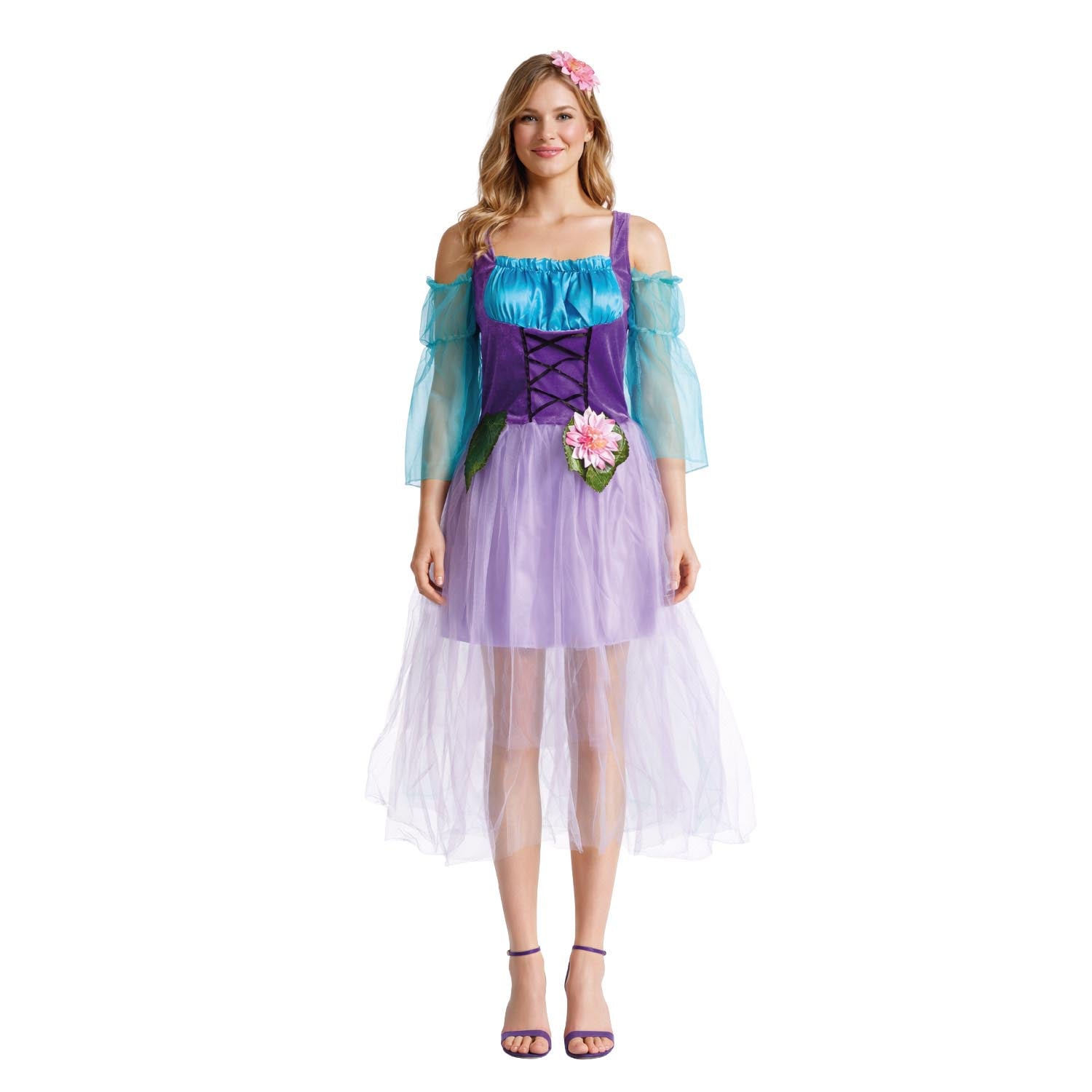 Woman wearing a costume with a purple dress and blue sleeves on a white background