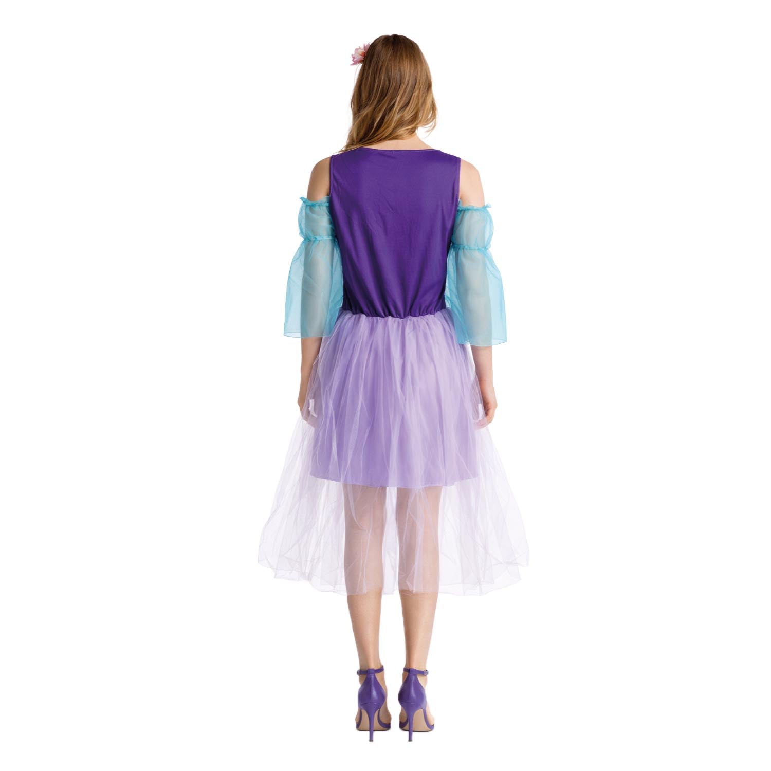 Woman wearing a purple dress with sheer sleeves on a white background