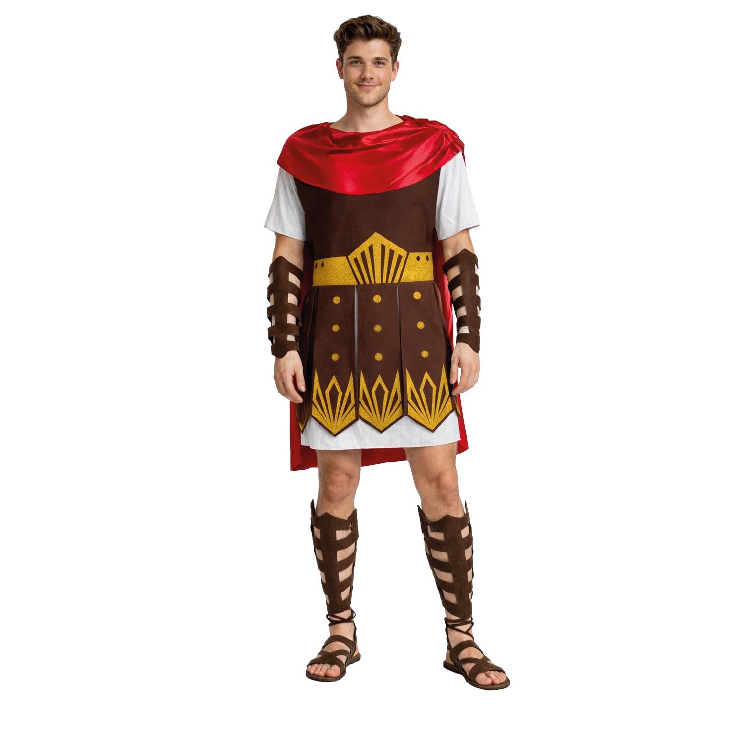 Person wearing a Roman gladiator costume with a red cape, brown armor, and white shirt on a white background.