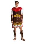Person wearing a Roman gladiator costume with a red cape, brown armor, and white shirt on a white background.