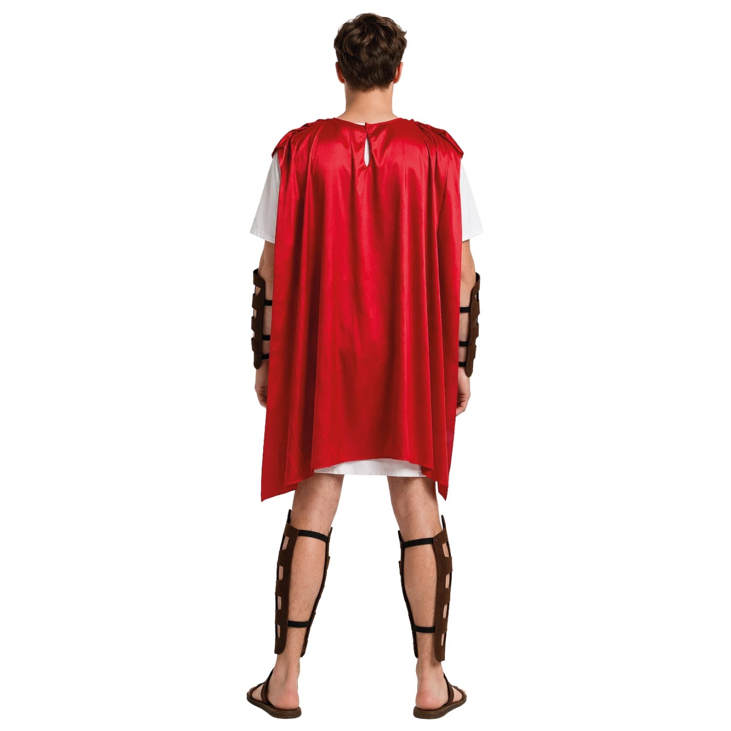 Person wearing a red cape and Roman warrior costume on a white background