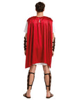 Person wearing a red cape and Roman warrior costume on a white background