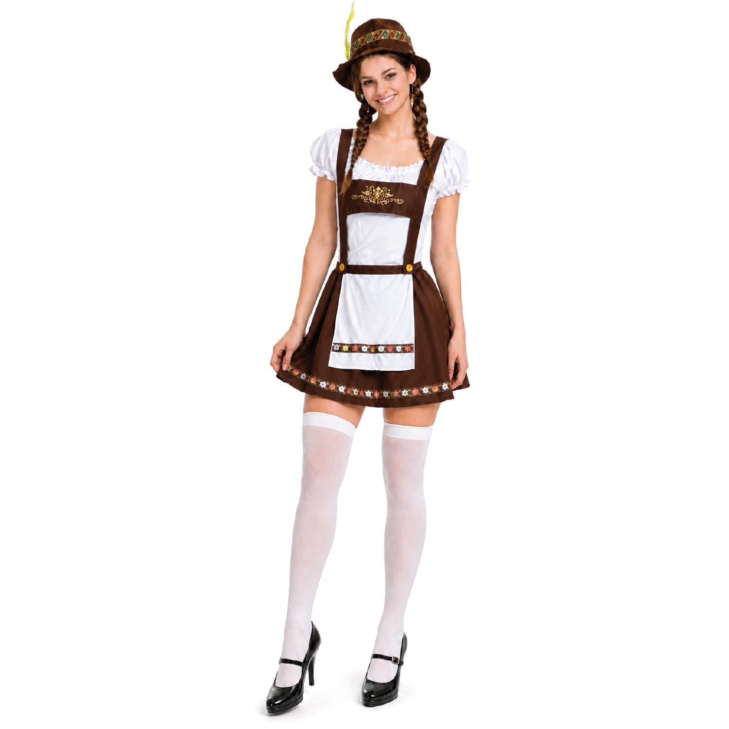 A woman modeling a traditional German dirndl costume against a plain white background. The costume includes a brown and white dress with embroidered details, a brown hat with a yellow feather, white thigh-high stockings, and black Mary Jane heels.