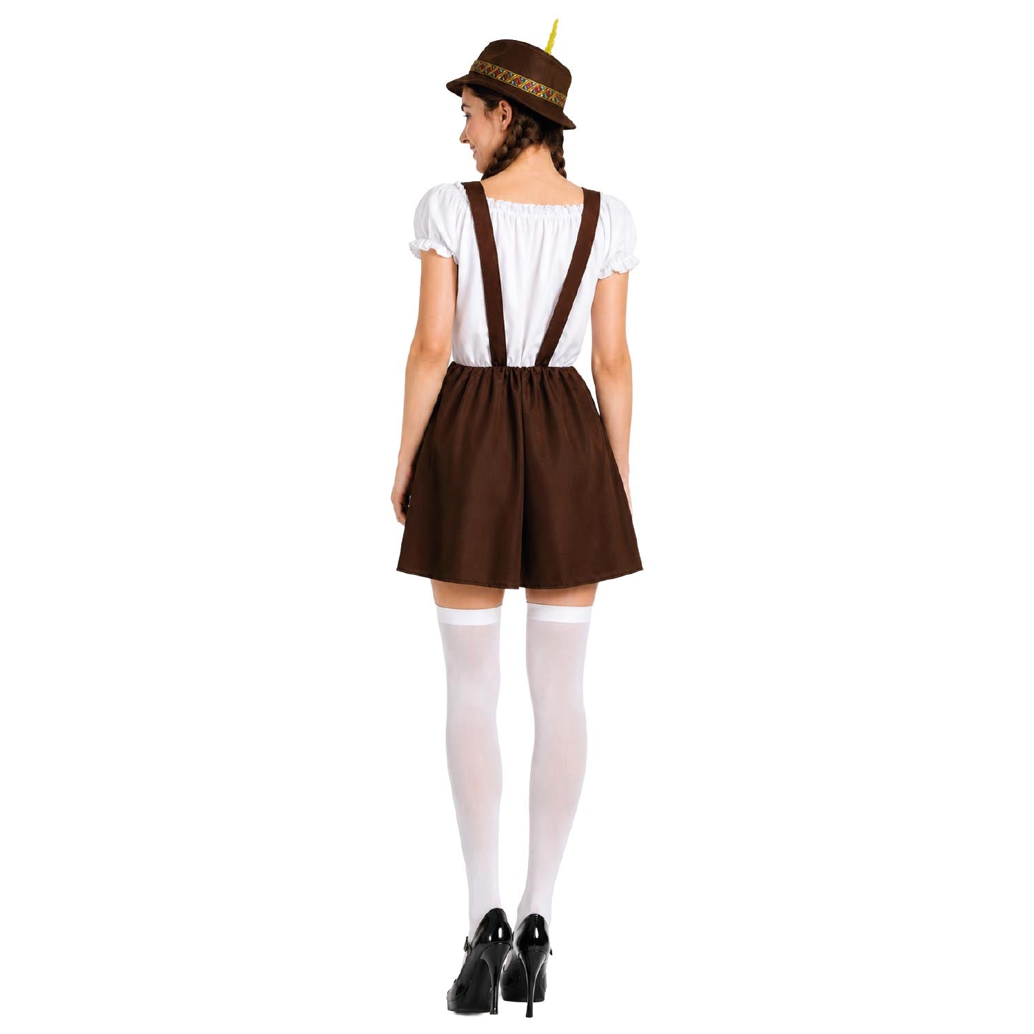 A woman modeling a brown and white traditional German dirndl costume from the back, featuring a white blouse, brown suspenders, a brown skirt, a brown hat with a yellow feather, white thigh-high stockings, and black heels, set against a plain white background.