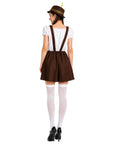 A woman modeling a brown and white traditional German dirndl costume from the back, featuring a white blouse, brown suspenders, a brown skirt, a brown hat with a yellow feather, white thigh-high stockings, and black heels, set against a plain white background.