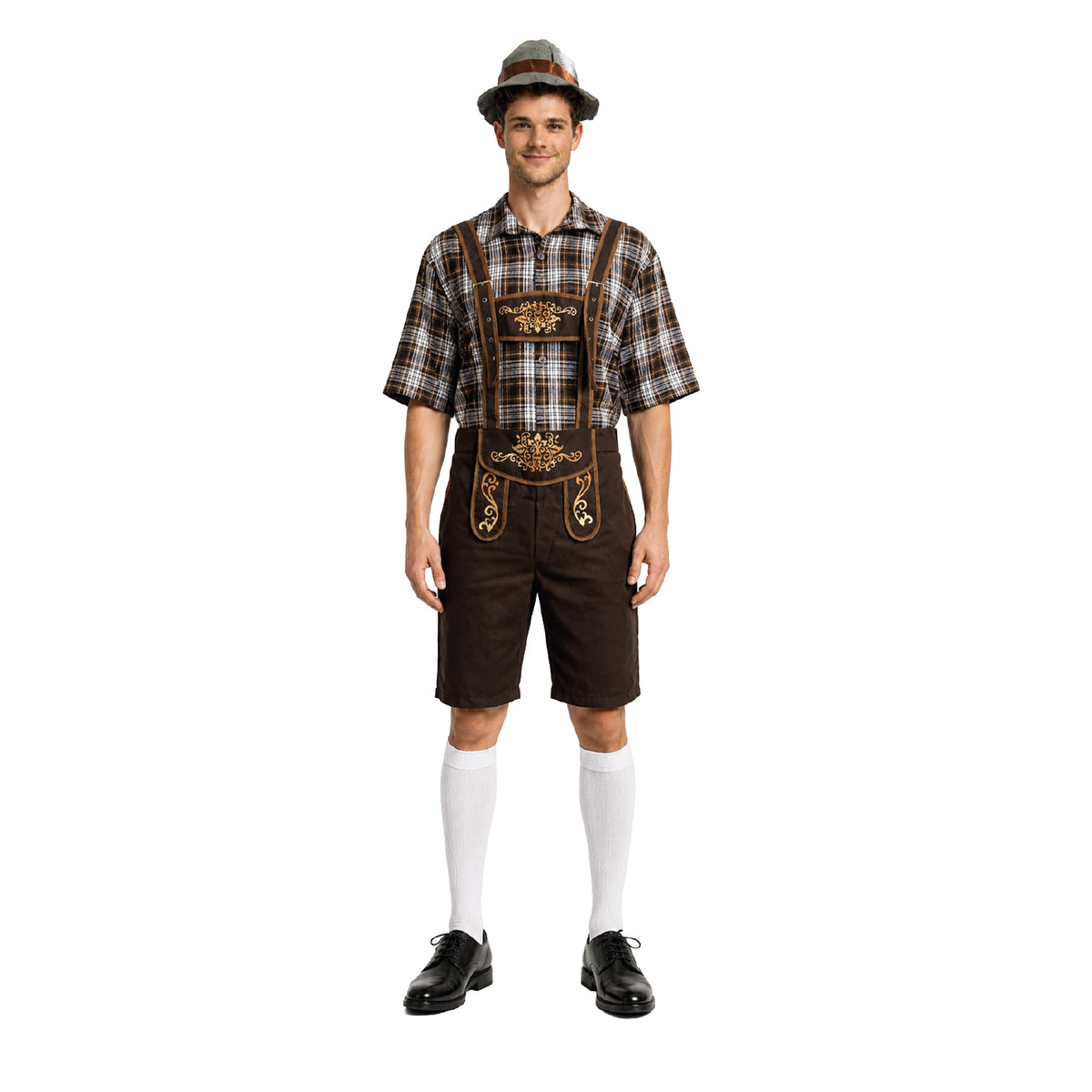 a man wearing a brown checkered shirt with a brown German/Bavarian beer man costume.