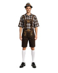 a man wearing a brown checkered shirt with a brown German/Bavarian beer man costume.