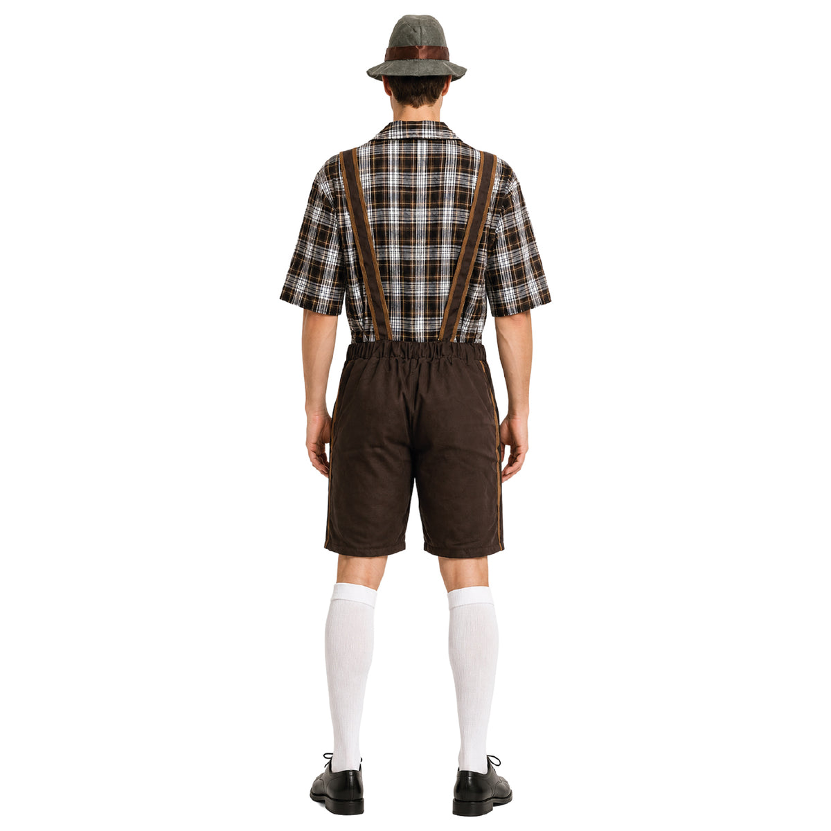 A man shown from the back wearing a traditional German-style costume consisting of a brown and beige plaid short-sleeve shirt, dark brown suspenders, dark brown shorts, white knee-high socks, and black shoes, complete with a brown hat.