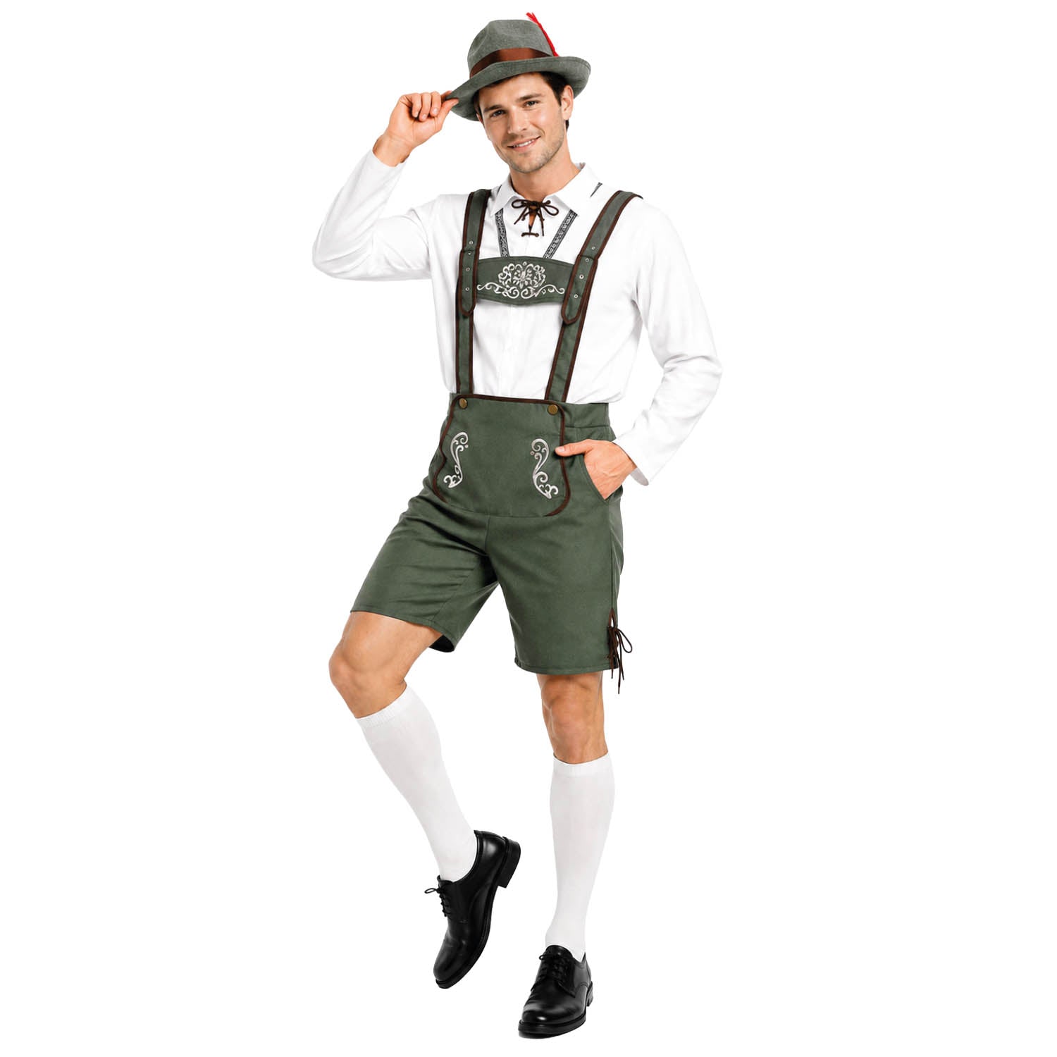 A man modeling a traditional German Lederhosen costume consisting of green embroidered suspenders, a white shirt, white knee-high socks, black dress shoes, and a gray felt hat, on a solid white background.