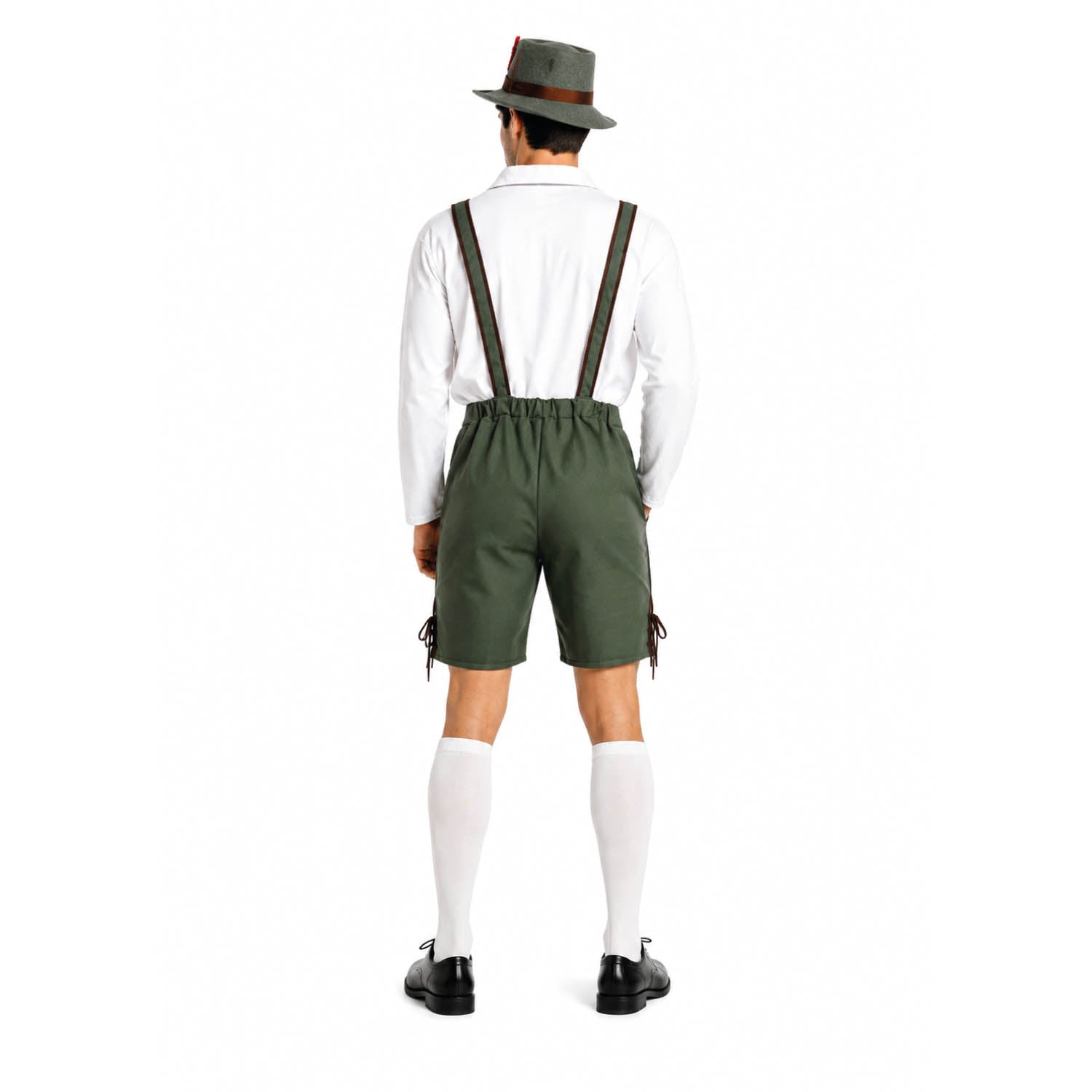 A man shown from the back wearing a traditional Austrian or Bavarian outfit consisting of green lederhosen shorts with suspenders, a white long-sleeve shirt, white knee-high socks, black shoes, and a dark green hat with a brown band, against a plain white background.