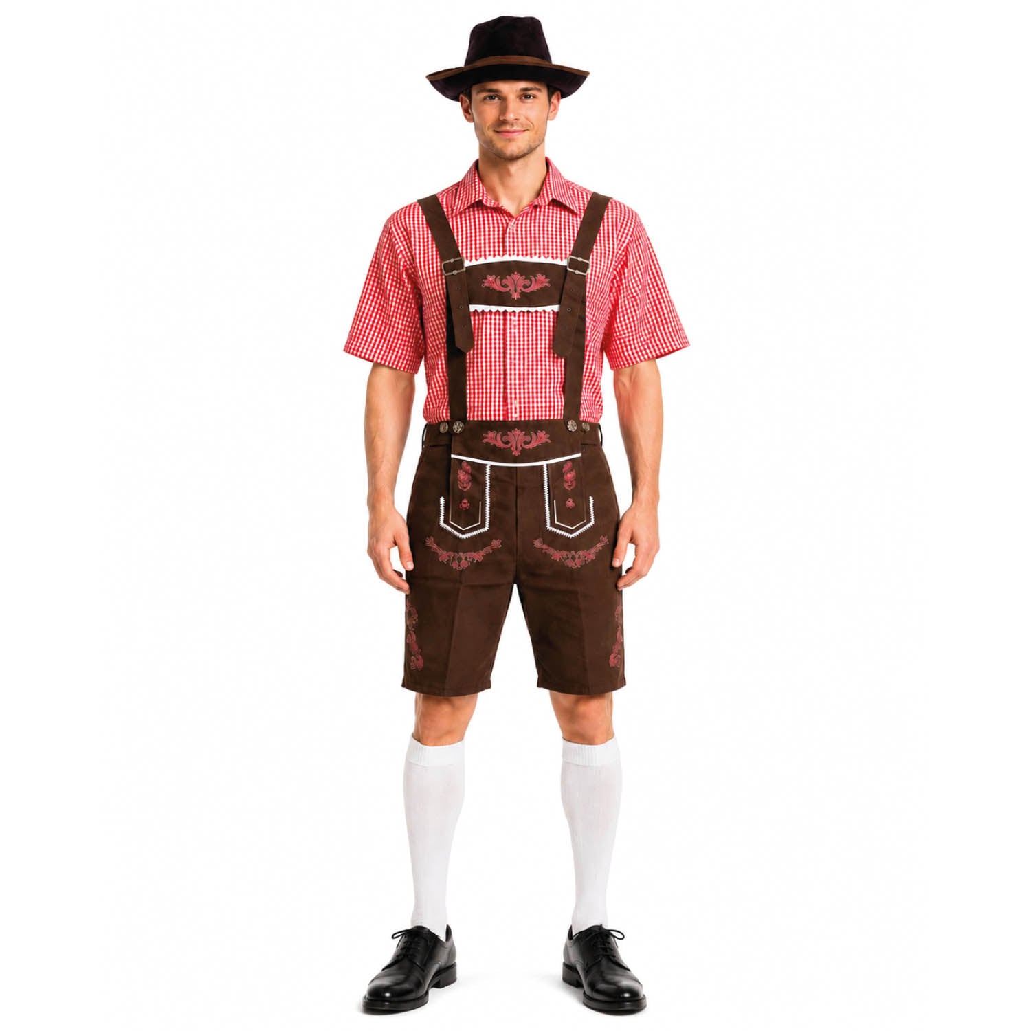 A man modeling a traditional German dirndl outfit, featuring a red and white gingham shirt, brown embroidered lederhosen, a black cowboy hat, white knee-high socks, and black dress shoes, set against a plain white background.