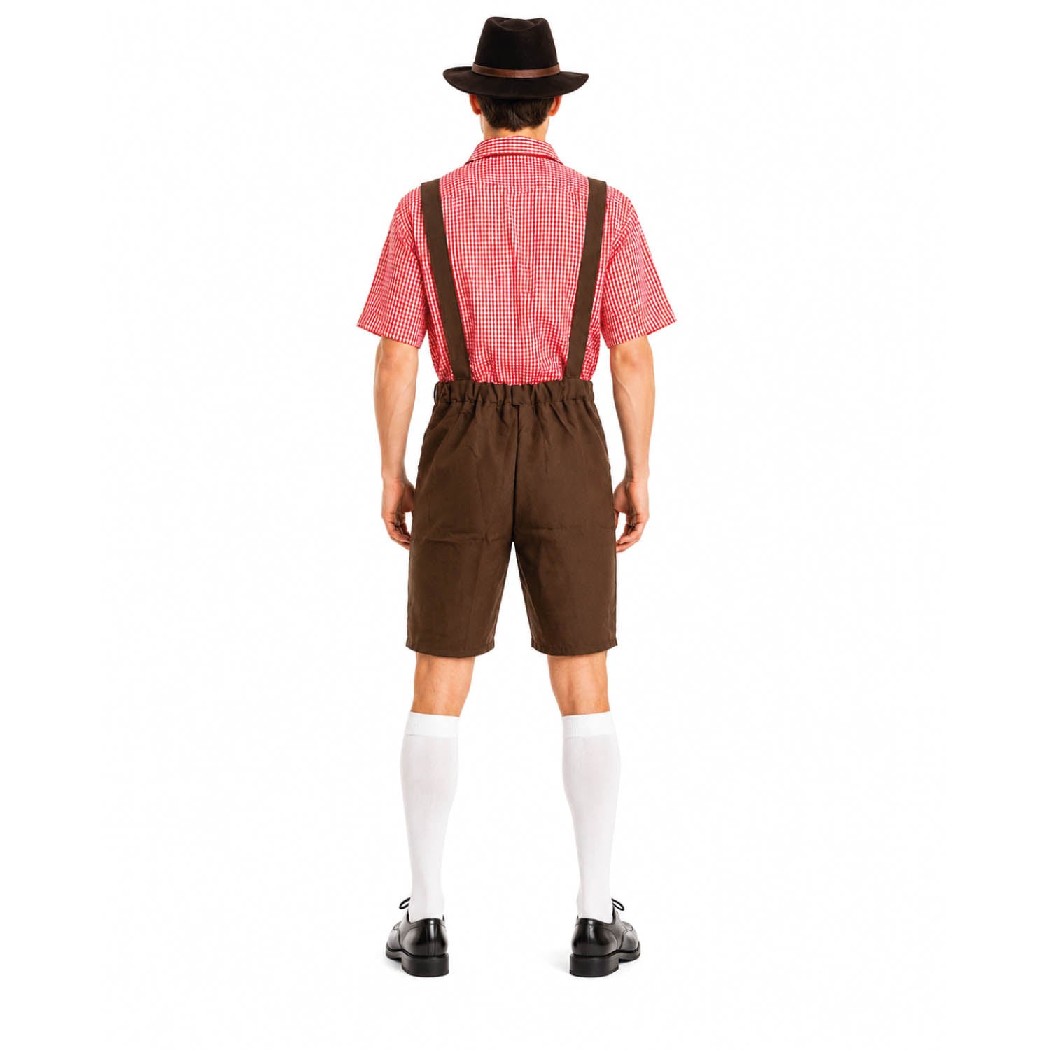 A man shown from the back wearing a traditional Austrian or Bavarian style costume consisting of a red and white gingham shirt, brown suspenders, brown shorts, white knee-high socks, and a black fedora hat, against a plain white background.