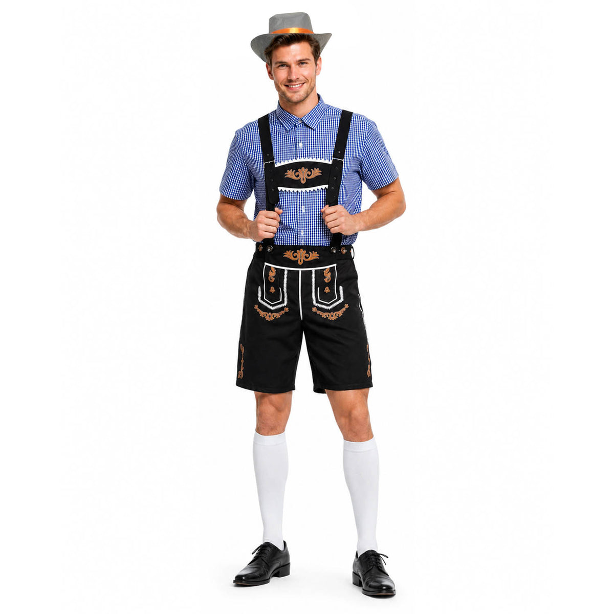 A man modeling a traditional Bavarian-style outfit consisting of a blue checkered shirt, black embroidered Lederhosen with gold accents, white knee-high socks, and a gray cowboy hat, against a plain white background.