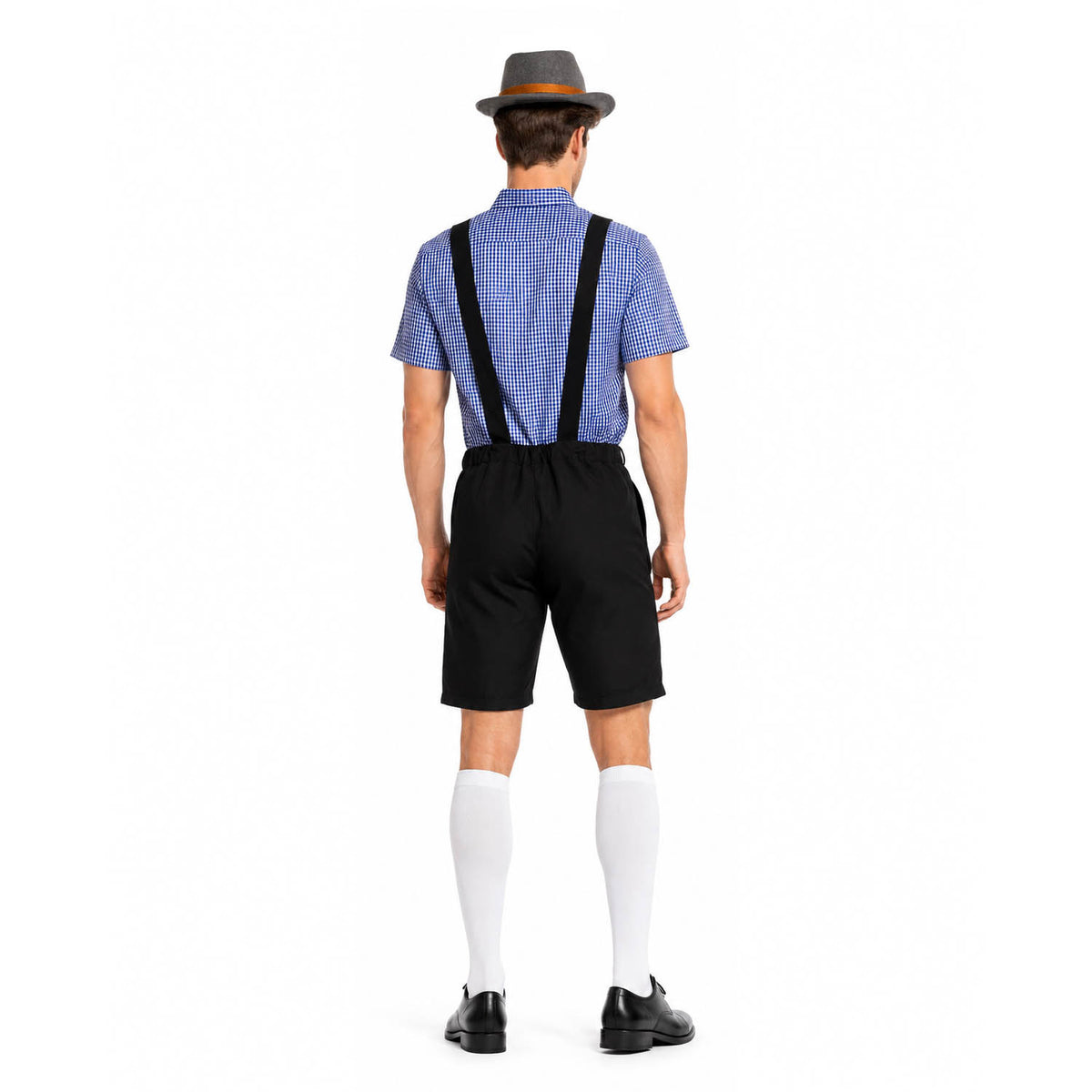 A man shown from the back wearing a traditional Bavarian-style costume consisting of a blue and white checkered short-sleeve shirt, black suspenders, black shorts, white knee-high socks, and a gray fedora hat with a thin orange band.