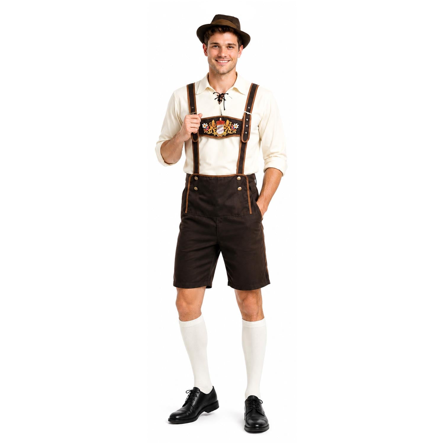 a man wearing a Bavarian style lederhosen costume in brown for Oktoberfest.
