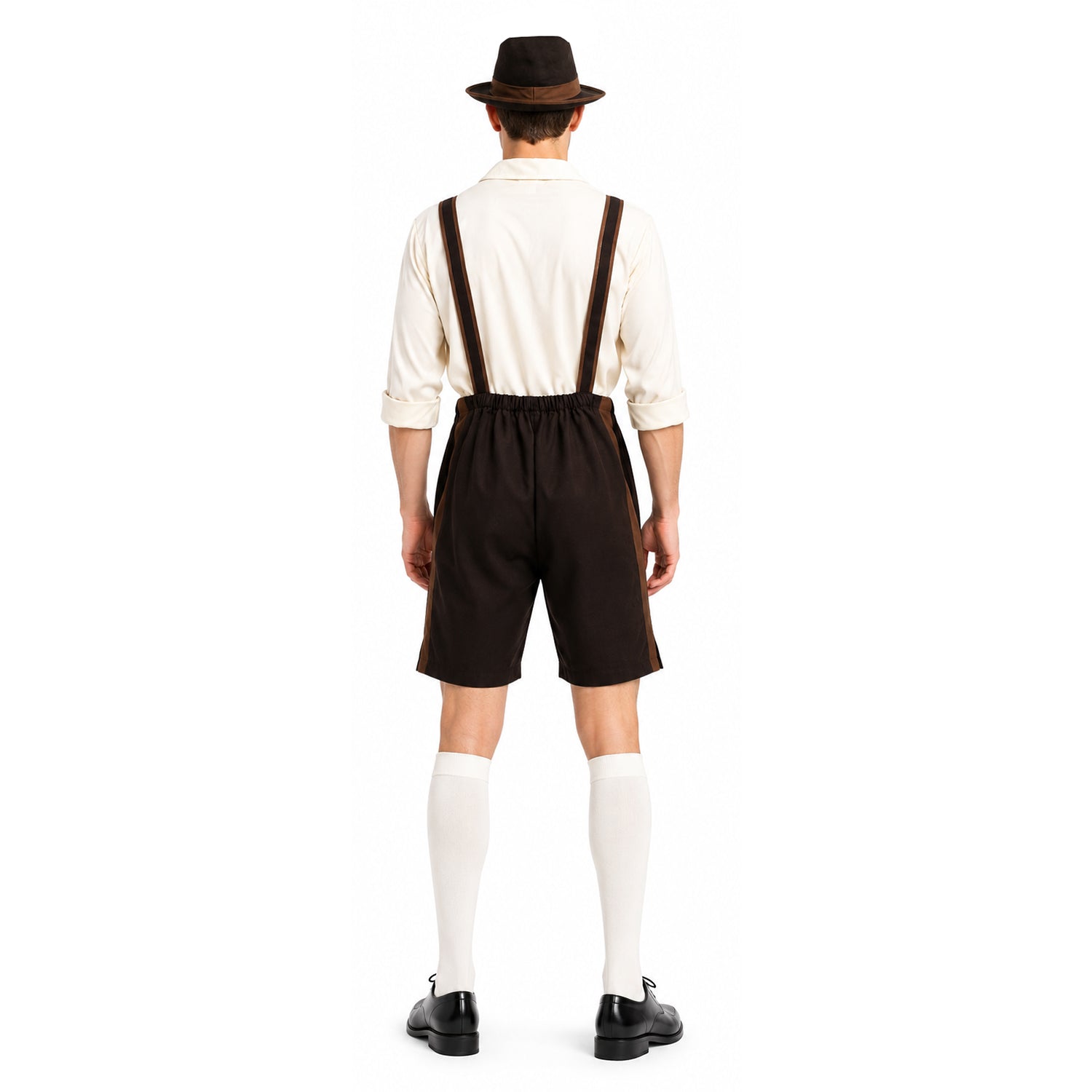 the back view of a man wearing a Bavarian style lederhosen costume in brown for Oktoberfest.