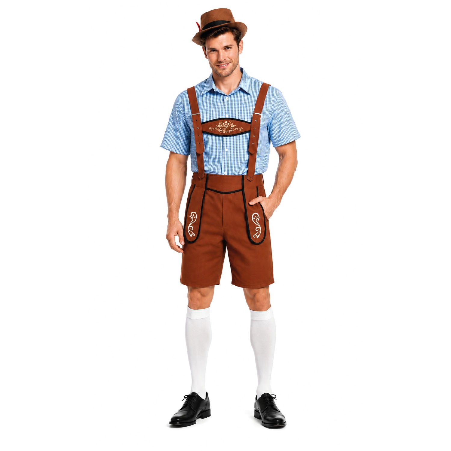 A man modeling a traditional German-style costume consisting of brown lederhosen shorts with embroidered details, a light blue checkered short-sleeve shirt, white knee-high socks, a brown fedora hat, and black dress shoes, set against a plain white background.