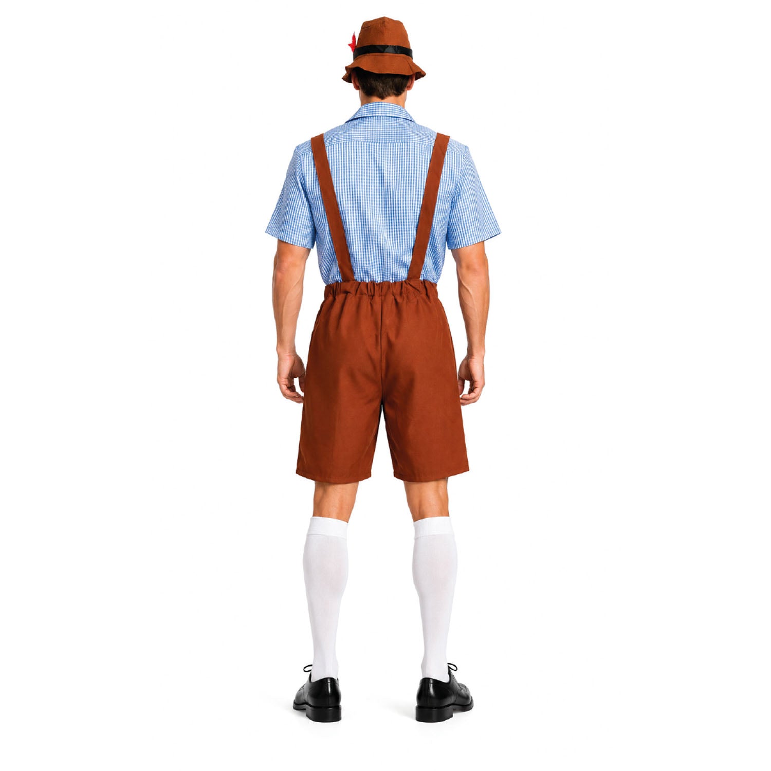 A man shown from the back wearing a traditional German-style costume consisting of brown suspenders and shorts, a light blue gingham shirt, a brown hat, white knee-high socks, and black shoes, against a plain white background.