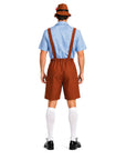 A man shown from the back wearing a traditional German-style costume consisting of brown suspenders and shorts, a light blue gingham shirt, a brown hat, white knee-high socks, and black shoes, against a plain white background.