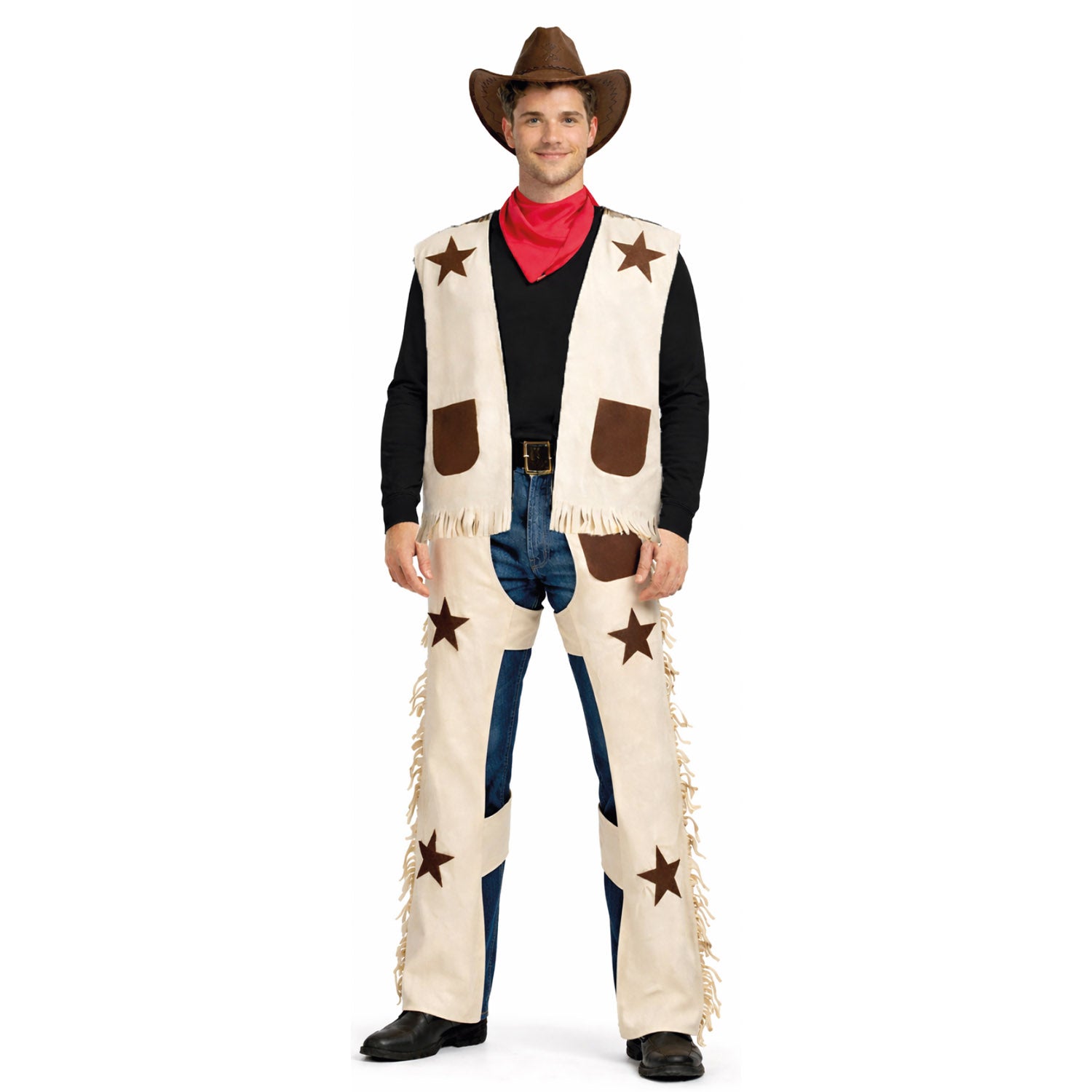 Person wearing a cowboy costume with a vest, pants, and hat on a white background