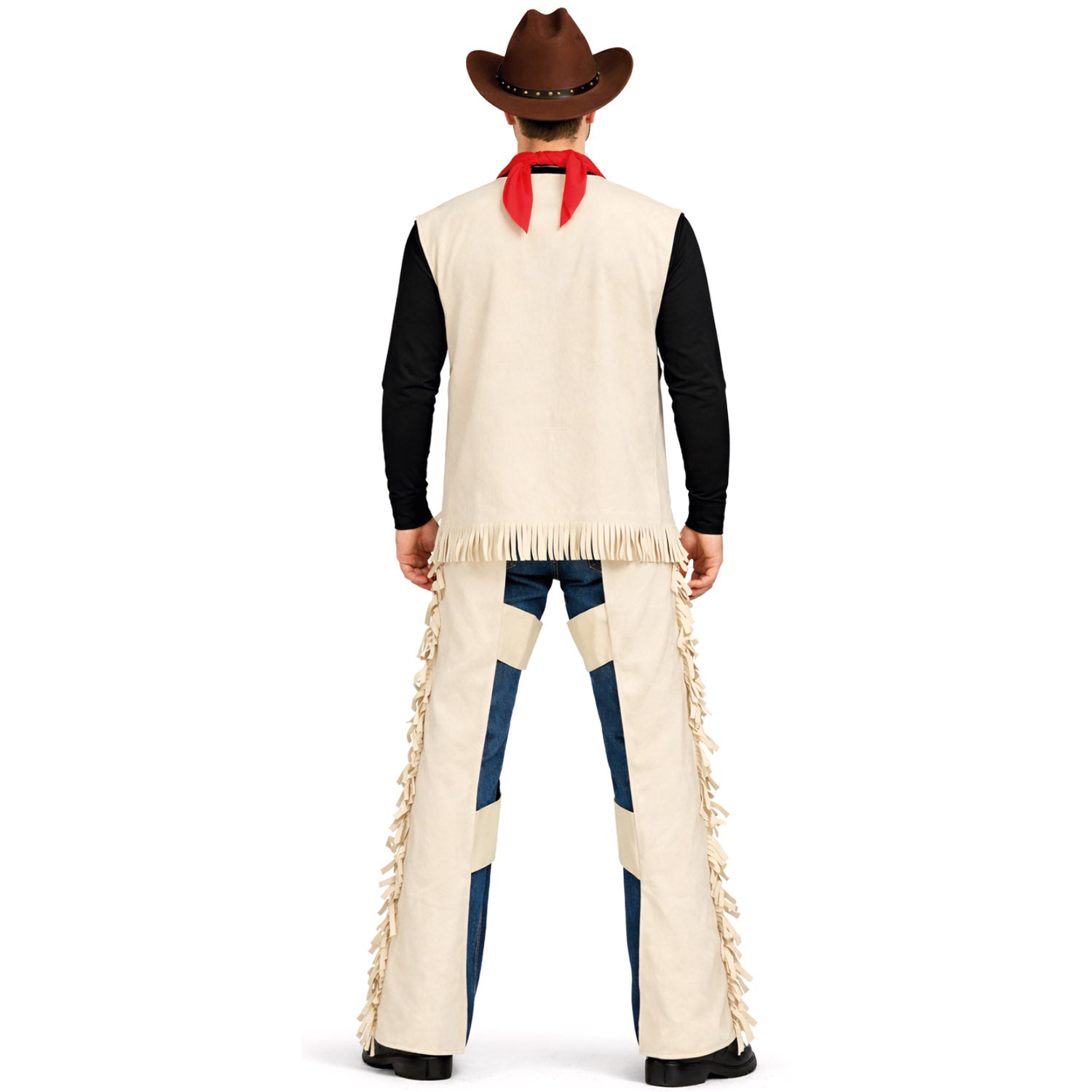 Person wearing a cowboy costume with a vest, shirt, and pants on a white background