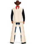 Person wearing a cowboy costume with a vest, shirt, and pants on a white background
