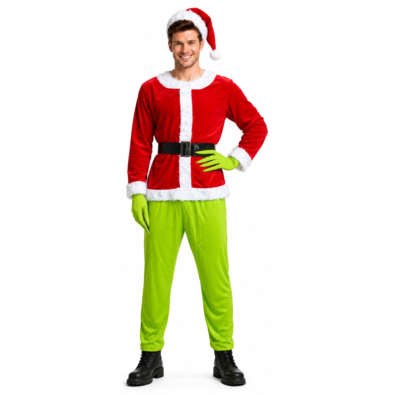 a man wearing a red Santa hat and Santa jacket with green pants and green pointed gloves; a Grinch inspired Christmas costume dress up.