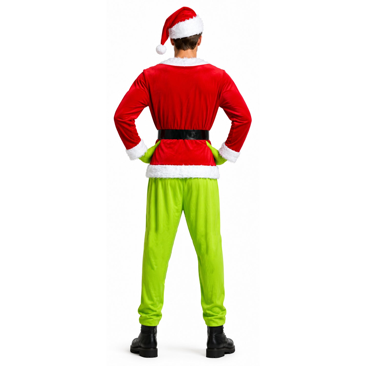 the back view of a man wearing a red Santa hat and Santa jacket with green pants and green pointed gloves; a Grinch inspired Christmas costume dress up.