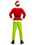 the back view of a man wearing a red Santa hat and Santa jacket with green pants and green pointed gloves; a Grinch inspired Christmas costume dress up.