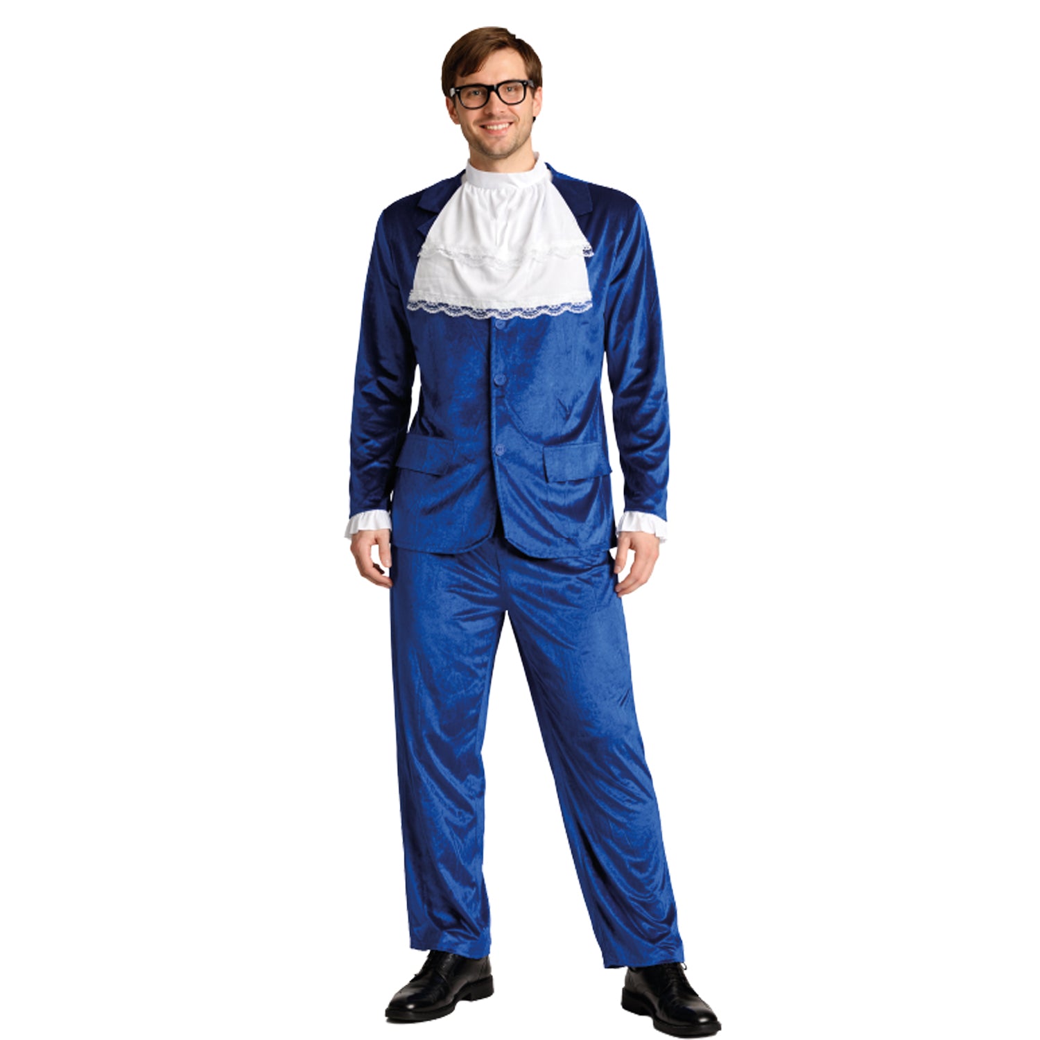 Person wearing a blue suit with a white shirt and black shoes on a white background