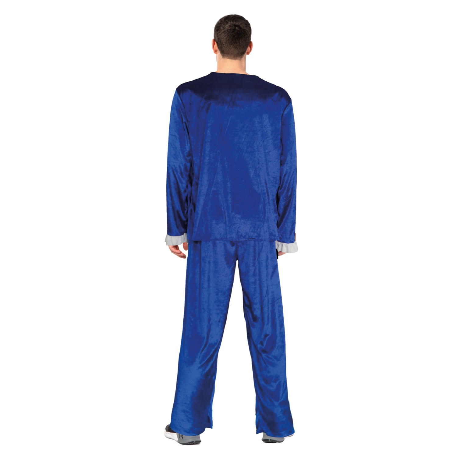 Person wearing a blue velvet suit from behind on a white background