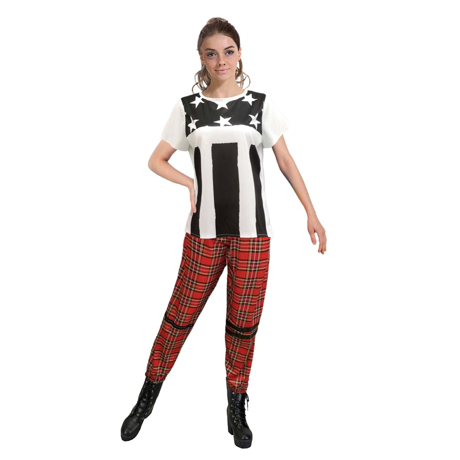 Person wearing a black and white striped shirt with star patterns and red plaid pants on a white background