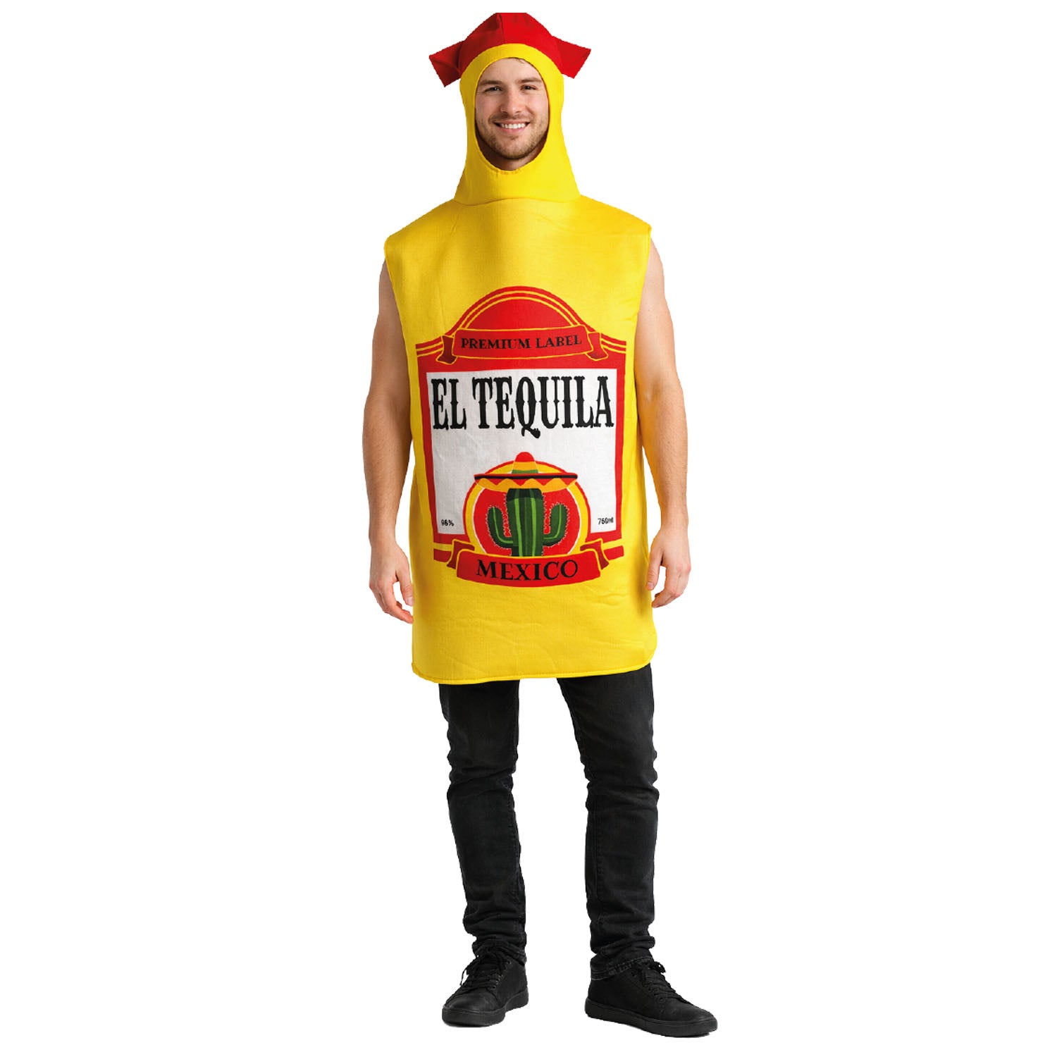 Person wearing a yellow 'El Tequila Mexico' costume on a white background