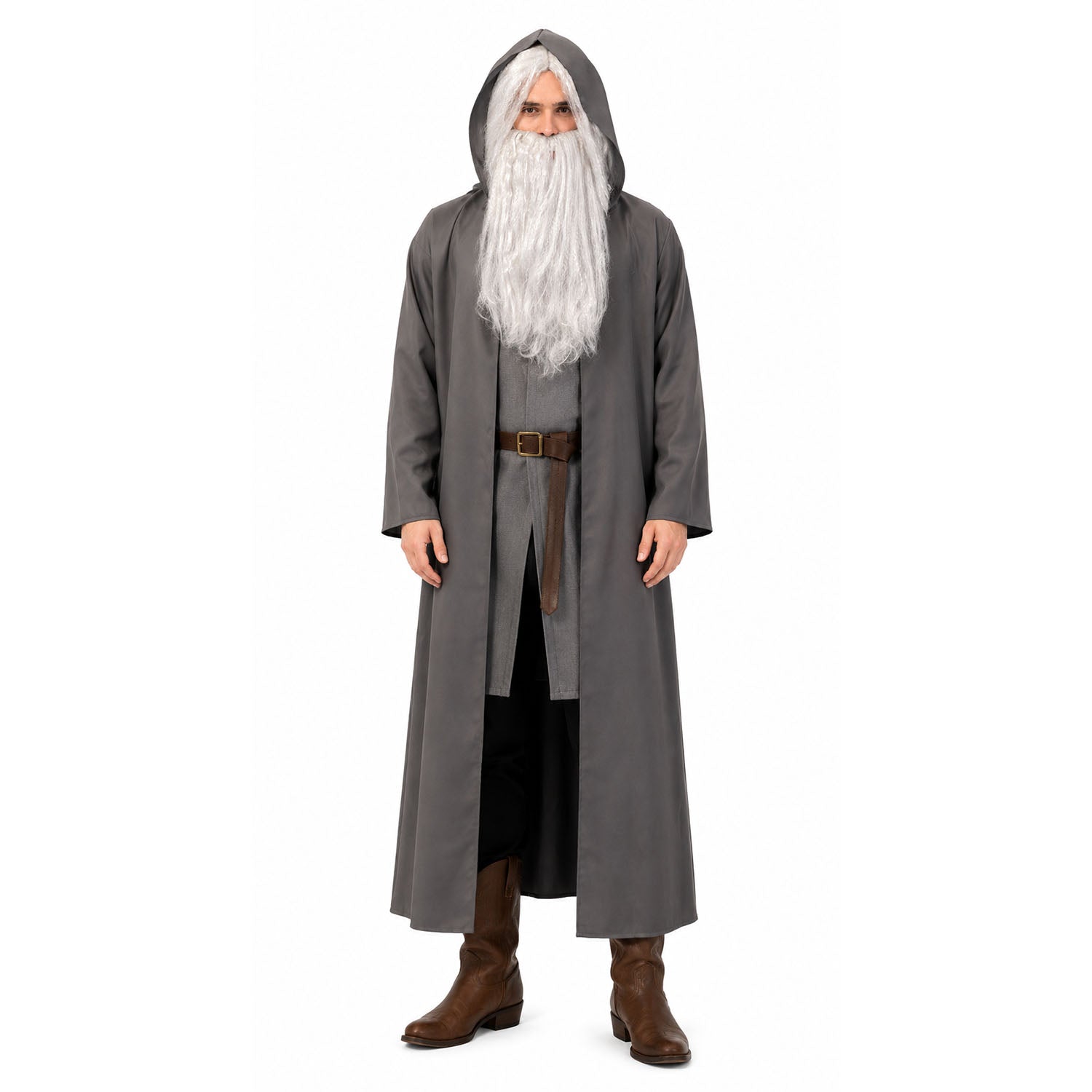 a person wearing a grey cloak with grey wig and beard.