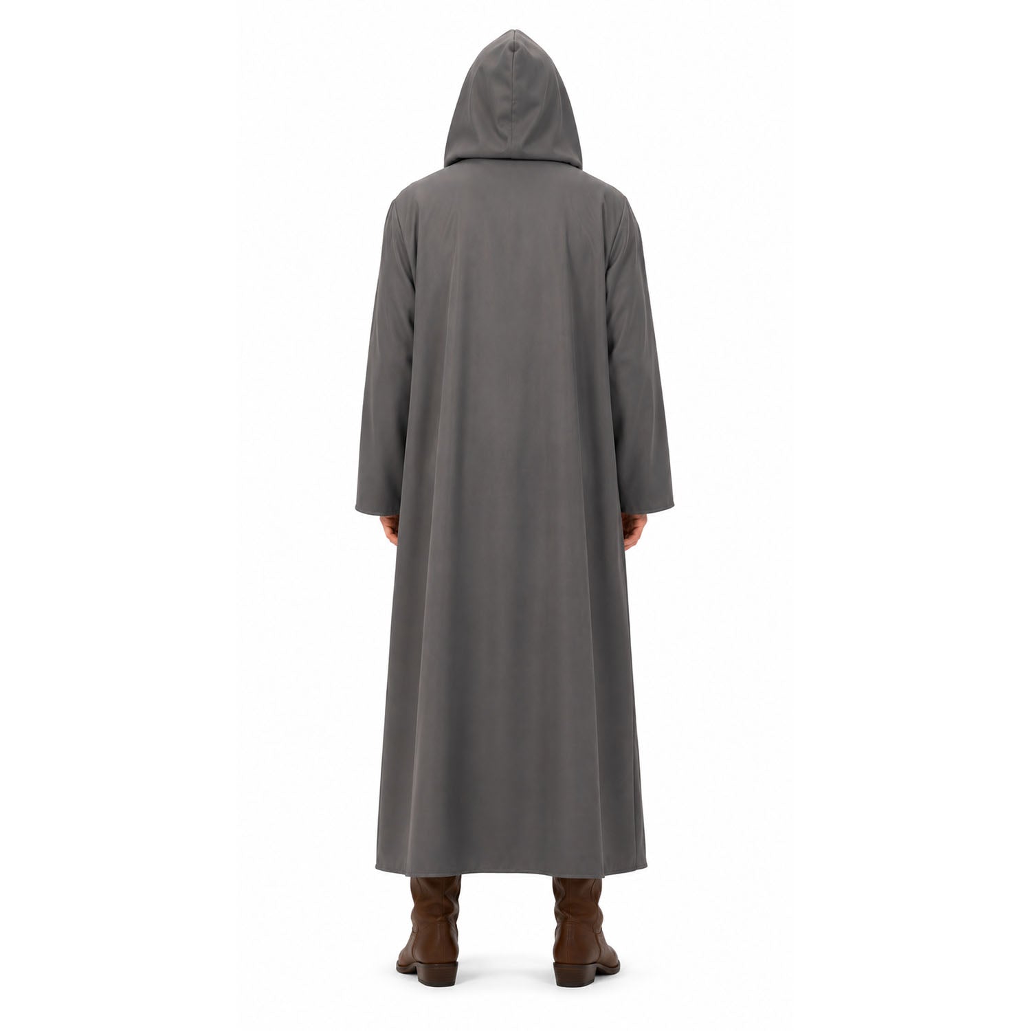 back view of a person wearing a grey cloak with hood up.