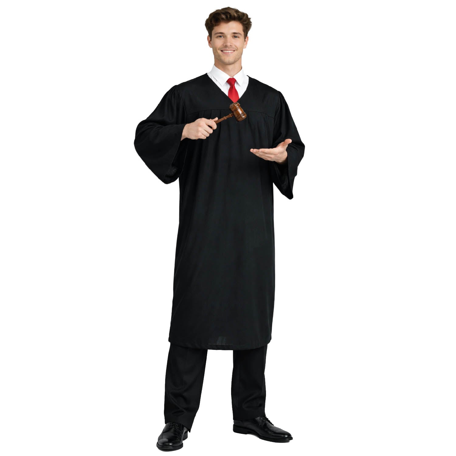 Person wearing a black robe holding a gavel on a white background