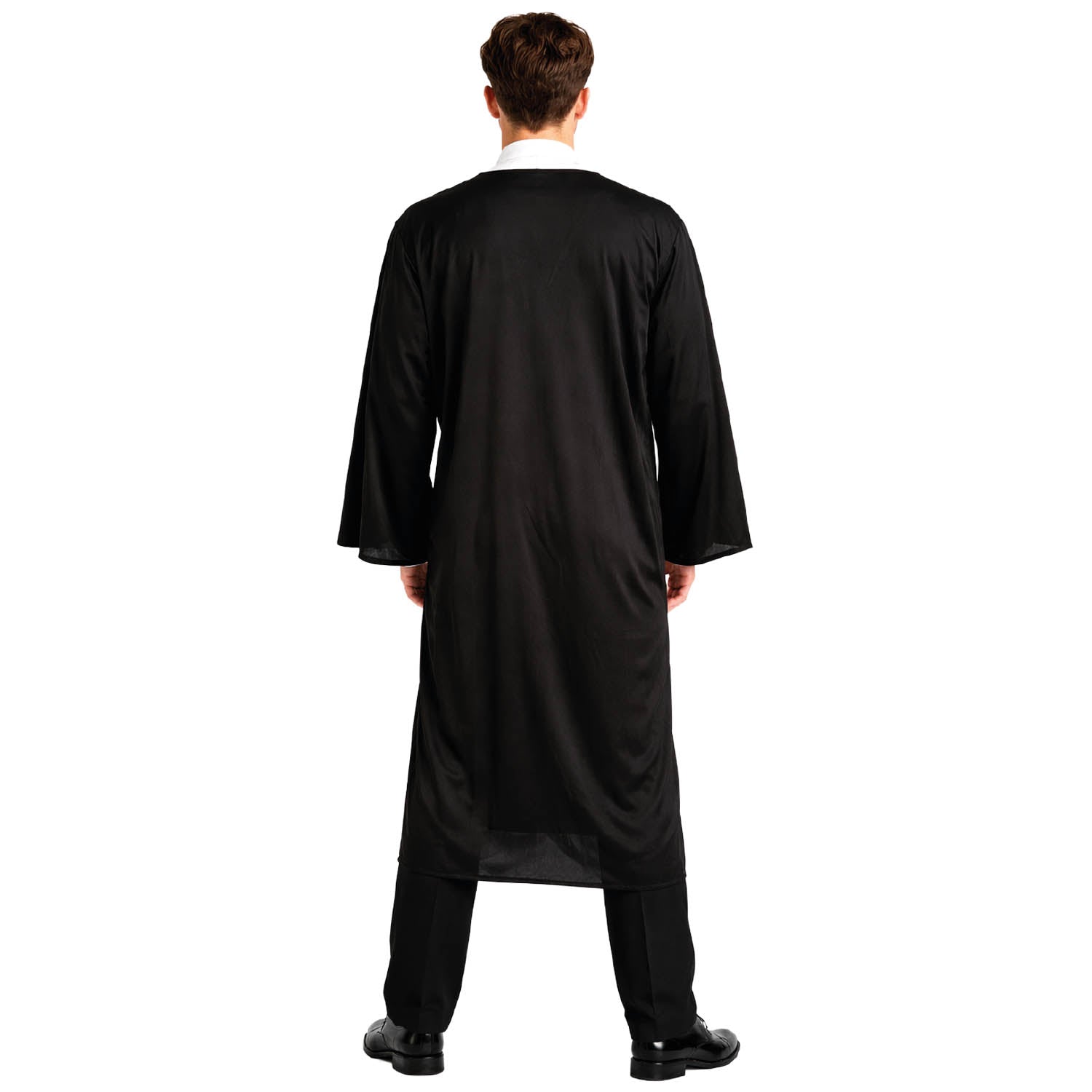 Person wearing a black robe on a white background
