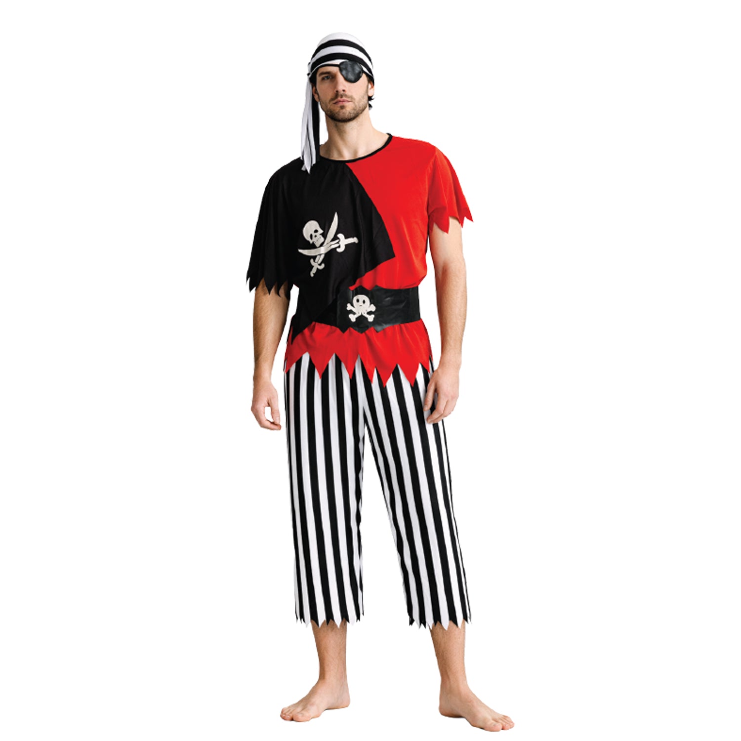 Person wearing a pirate costume with a black and red shirt, striped pants, and a bandana on a white background.