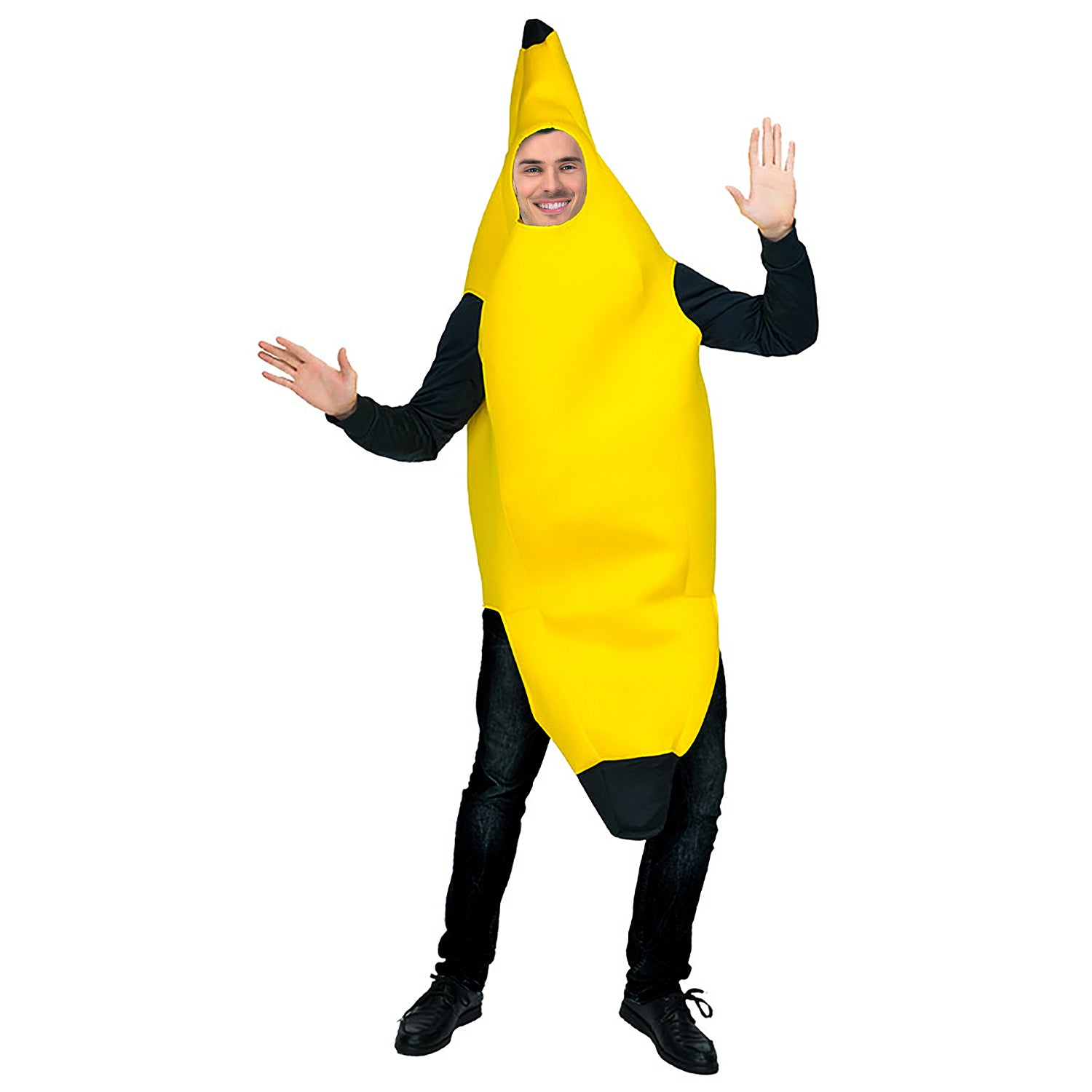 Person wearing a banana costume on a white background