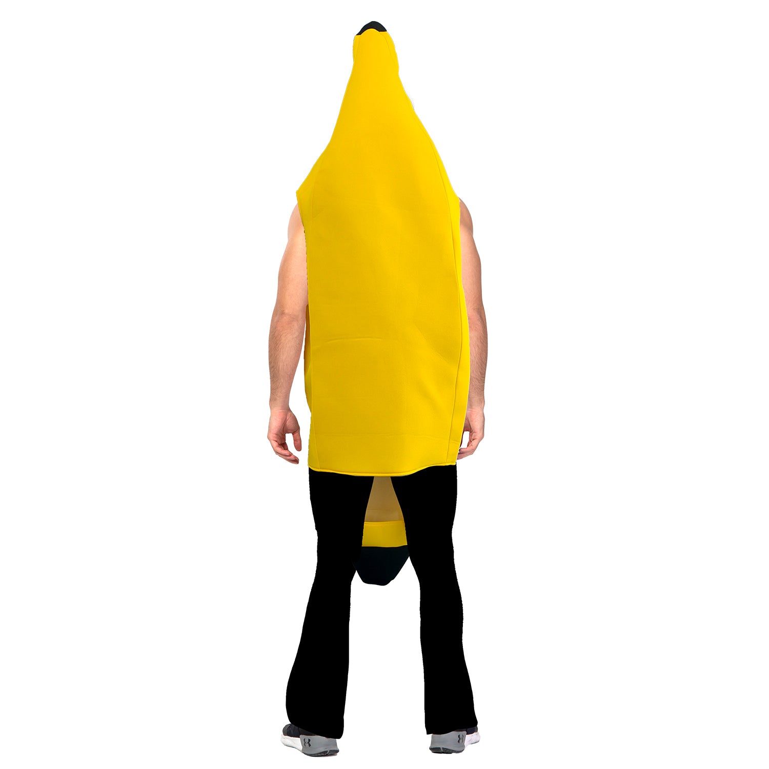 Person wearing a banana costume on a white background
