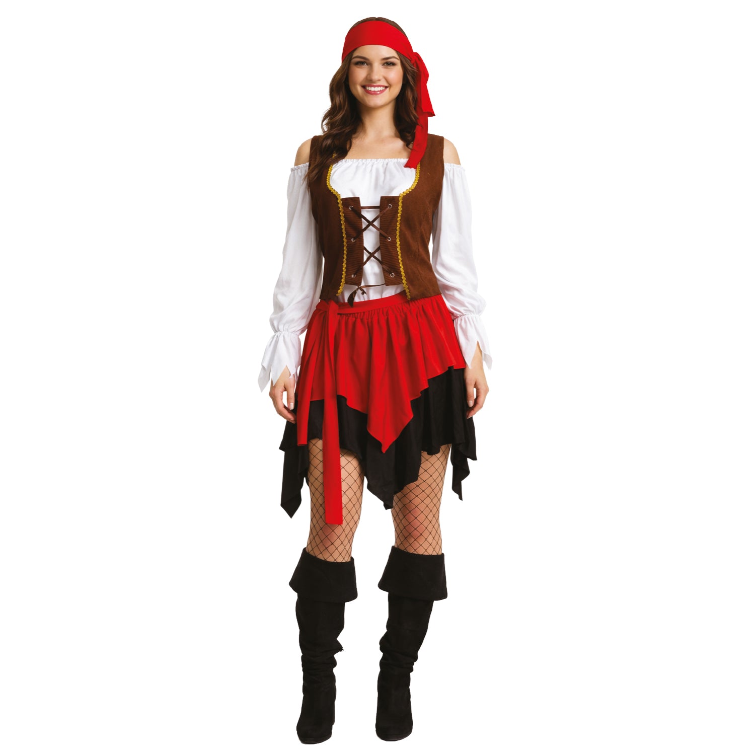 Woman wearing a pirate costume with a red bandana, white shirt, brown vest, and red skirt on a white background.