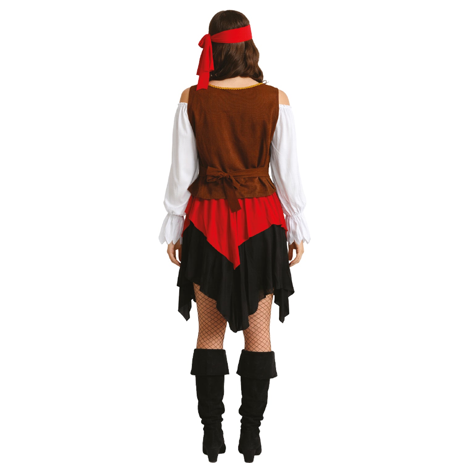Pirate costume with brown vest, red skirt, and black boots on a white background