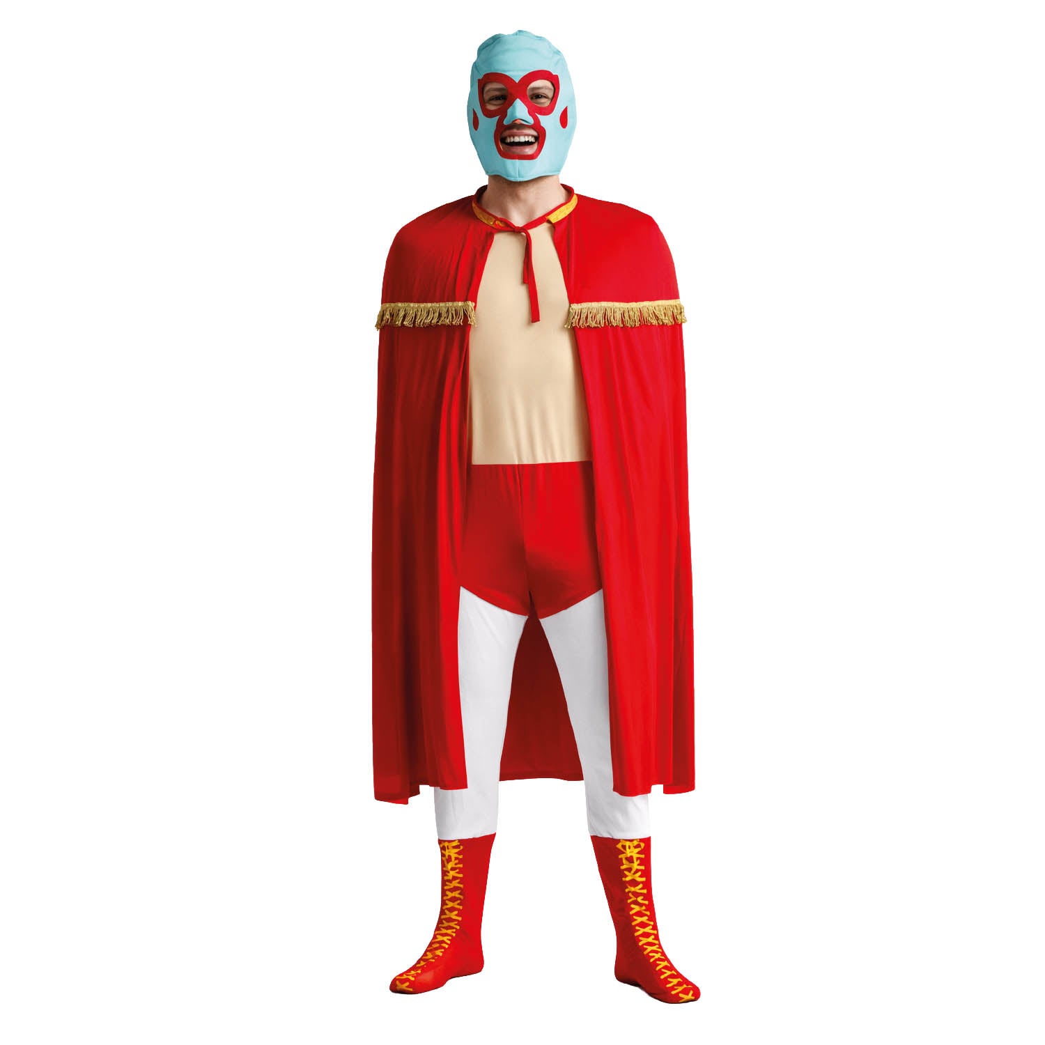 Person wearing a red superhero costume with a blue mask on a white background
