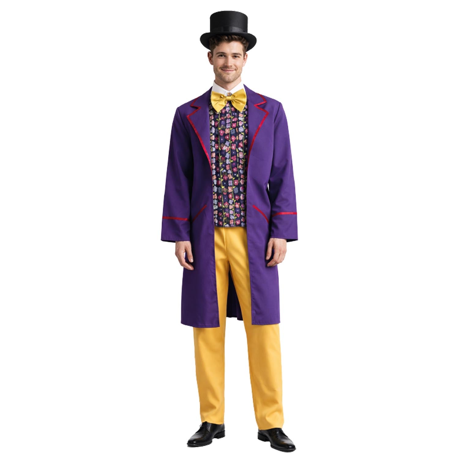Person wearing a purple coat with red trim, yellow pants, and a black top hat on a white background