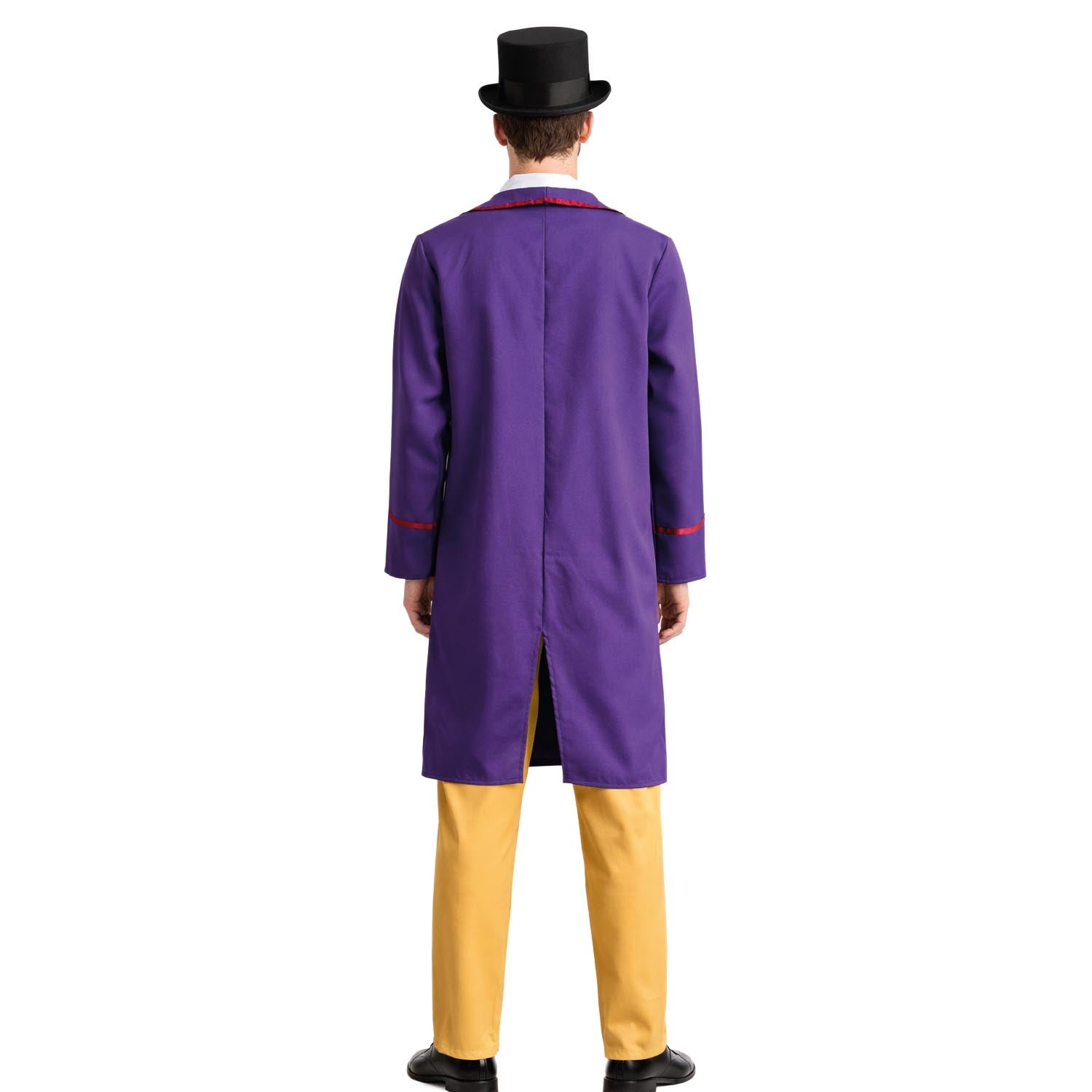 Person wearing a purple coat with red trim and yellow pants on a white background