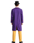 Person wearing a purple coat with red trim and yellow pants on a white background