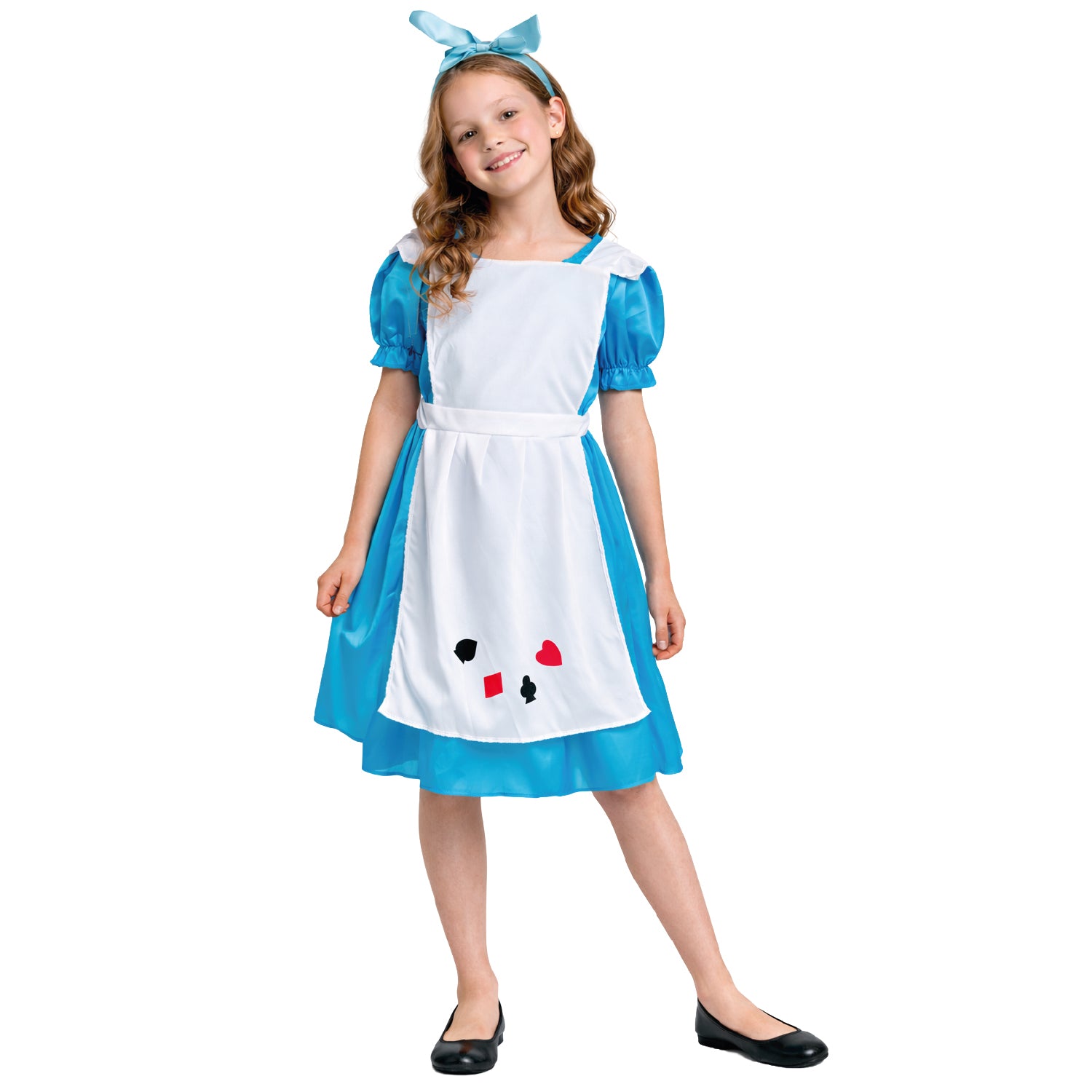 Child wearing a blue and white dress with a headband on a white background